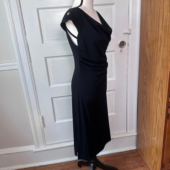 Byer Too! Y2K Classic Black Dress Cowl Neck Split Shoulder Seam Minimalist Sz M - Picture 9 of 17